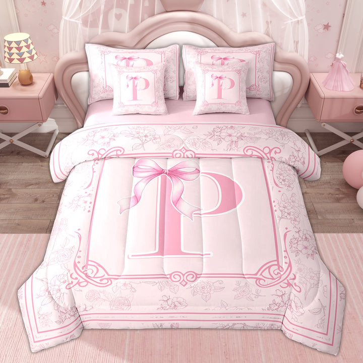 Erosebridal Bow Letter P Girls Twin Bedding Sets, Bowknot Flower Floral Bedding Comforter Set, Pink, 7 Pieces