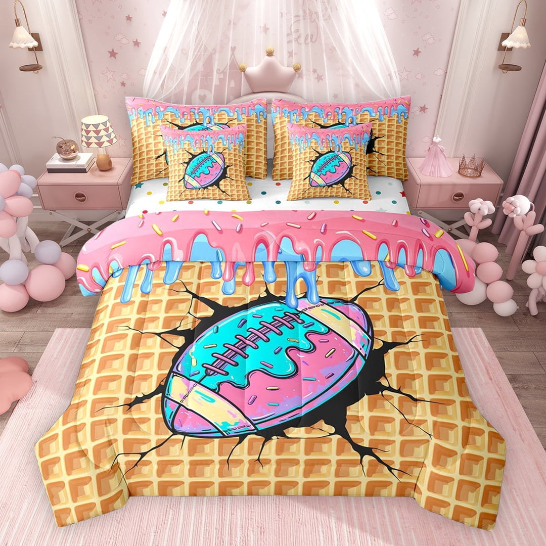 Erosebridal Rugby Football Sport Twin Bedding Sets for Kids Boys Girls, Ice Cream Drip Waffle Bedding Comforter Set, Colorful Polka Dots Reversible, 7 Pieces