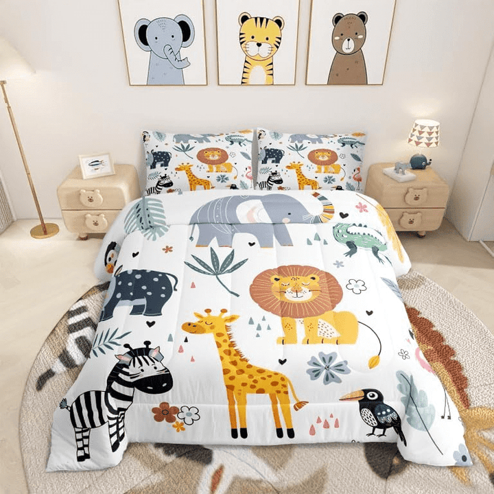 Erosebridal Kids Zoo Animal Toddler Size Comforter Set Cute Wildlife Animals Bedding Set Cartoon Print Comforter for Boys Girls Children Teens
