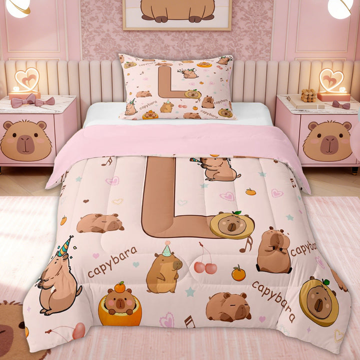 Erosebridal Monogrammed L Twin Comforter Sets for Kid, Capybara Lover Bedding Set, 2pcs, Pink Reversible