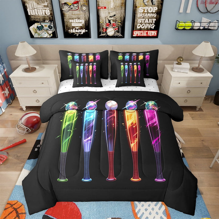 Baseball Bat Bed in a Bag Queen Comforter Set 7 Piece,European Sports Ball,Softball Bedding Sets Glitter Neon Design Sheet Set with Comforter Competitive Game Room Decor