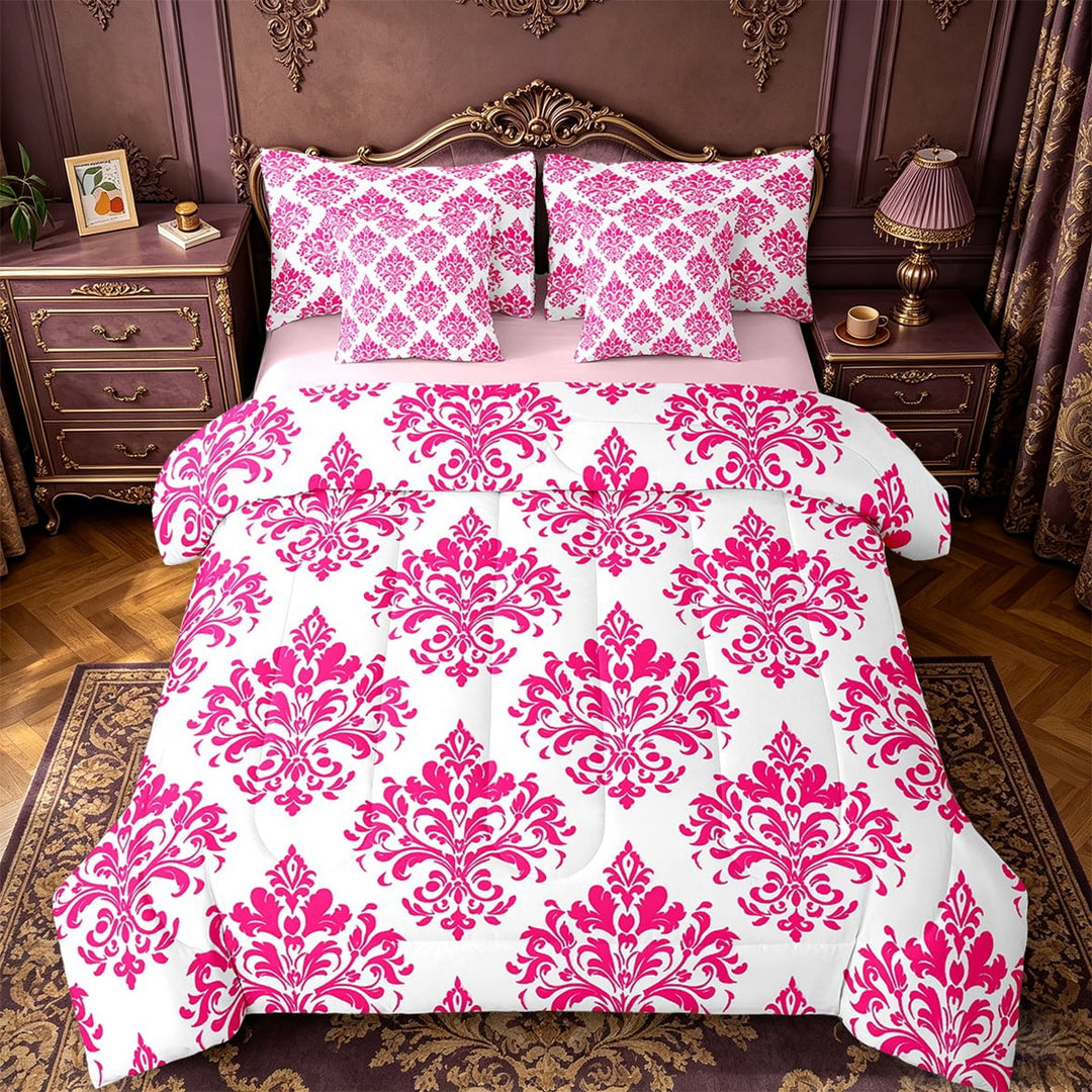 Erosebridal Baroque Gothic Print Bedding Twin Size,Blue Boho Floral Comforter Sets with Sheets,White Pink Jacquard Bedding Sets Twin Size,Super Cozy Room Decorative Reversible,7pcs