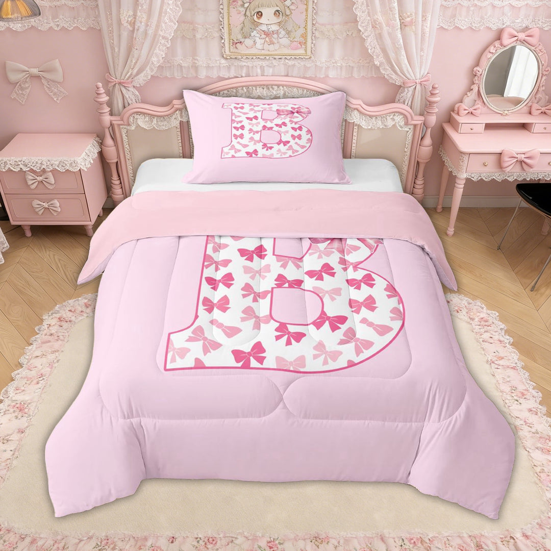 Erosebridal Bow Letter B Twin Comforter Sets for Girls, Pink Initial Ribbon Bedding Set, Pink Reversible, 2-Piece