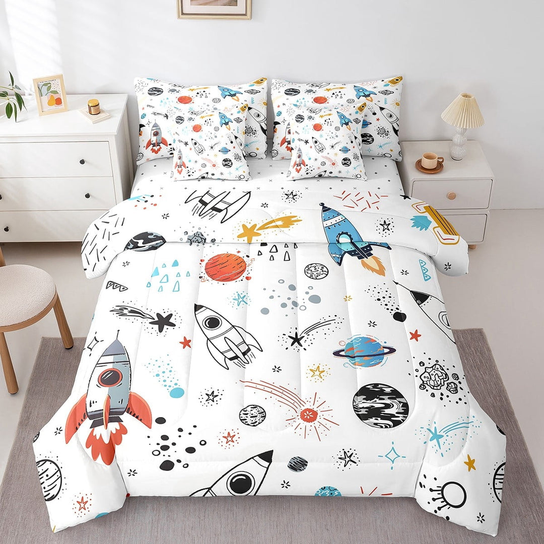 Erosebridal Cartoon Rocket Bed in a Bag Twin size, Planet Print Bedding Twin Size, Outer Space Reversible Bed Set, Breathable Room Decor, 7 Pieces