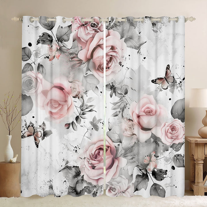 Retro Ink Painting 2 Panels,42x84 30%-50% Blackout Curtains,Vintage Rose Flowers Curtains,Watercolor Tie Dye Window Curtains &amp; Drapes,Grey Leaves Plants Darkening Curtains Women Lady