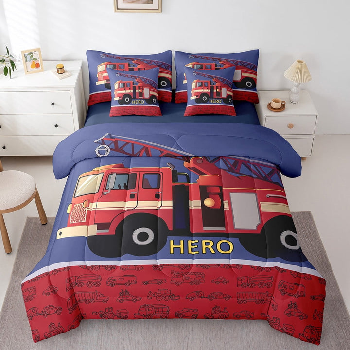 Erosebridal Red Fire Engine Bedding Queen Size, Fire Truck Bedding Sets Queen Size, Firemen Car Vehicle Reversible Bed Set, Lightweight Bedroom Decor, 7pcs