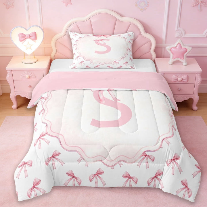 Erosebridal Initial Alphabet S Twin Comforter Sets,Cute Coquette Bowknot Bedding Set For Kids Girls,Reversible pink,2-Piece