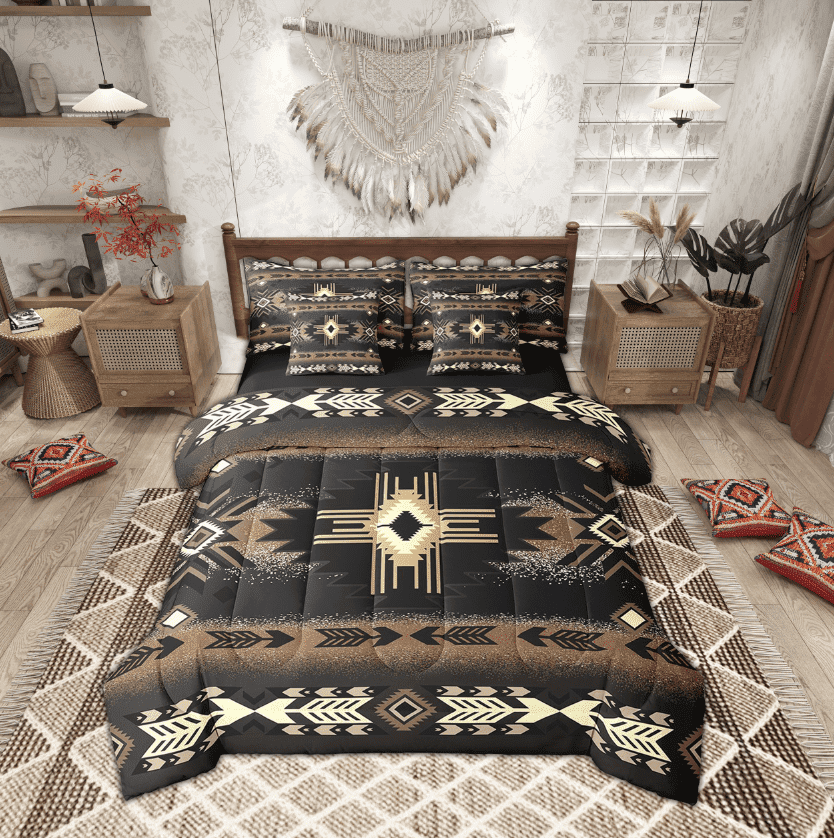 Erosebridal Boho Bohemian Bedding Sets King Size,Black Brown Bed in a Bag King size,Microfiber Reversible Bedding King Size,Aztec Decor,7 Pieces