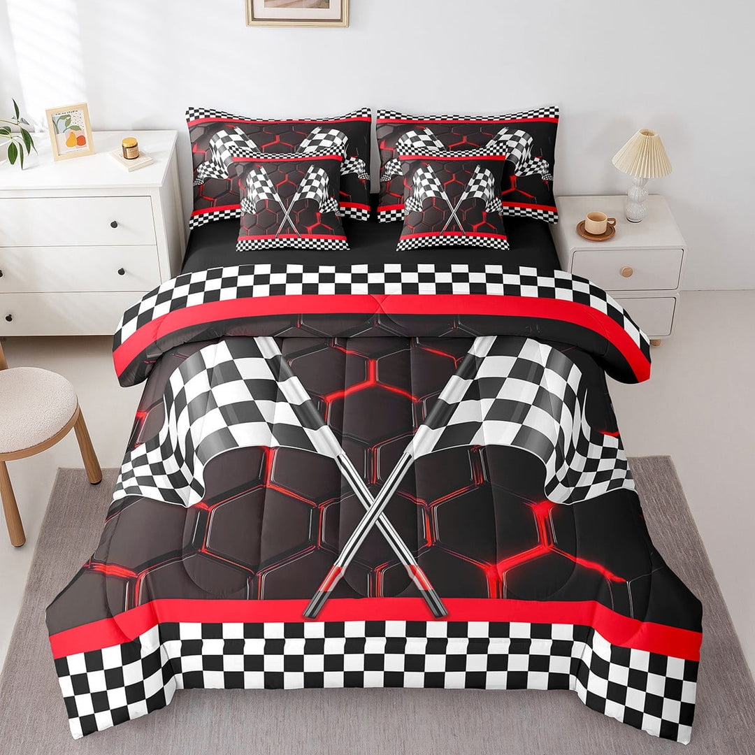 Erosebridal Checkered Flag Bedding Sets Twin Size, Red Geometry Comforter Sets with Sheets, Extreme Sports Decor, Reversible 7-Piece