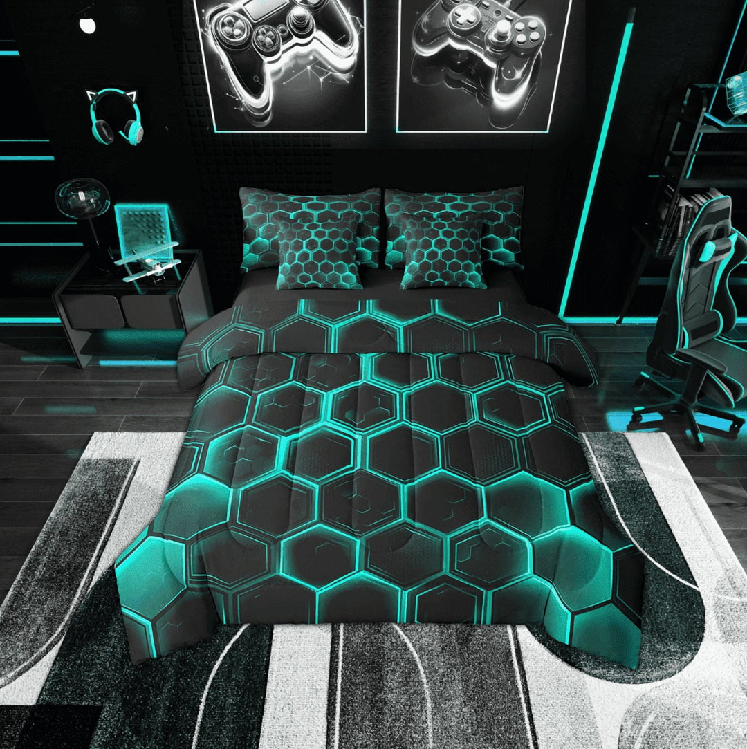 Erosebridal Neon Cyan Honeycomb Bedding Twin Size, Geometric Hexagon Comforter Sets with Sheets, Black Bedroom Decor, Reversible 7pcs