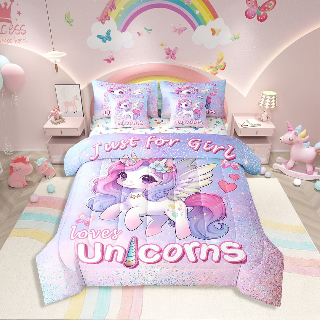 Erosebridal Lovely Unicorn Bed in a Bag Twin size 7 Pieces , Pink Purple