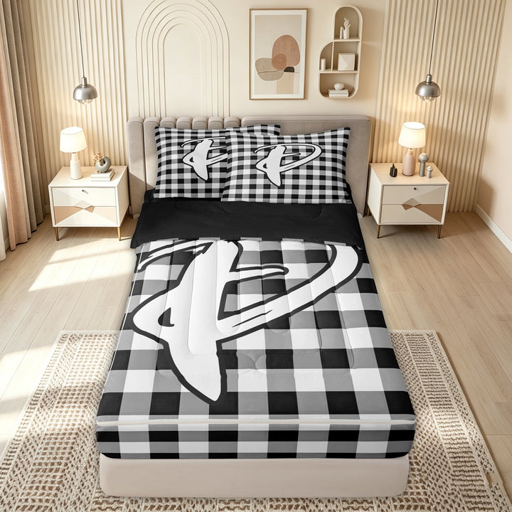 meiyoeat Graffiti Letter P Zipper Comforter Set with Fitted Sheet and 2 Pillowcases, Checkered Grid Zipper Bedding Set for Kids Boys Girls, Black White, Black Reversible, 3 Pieces