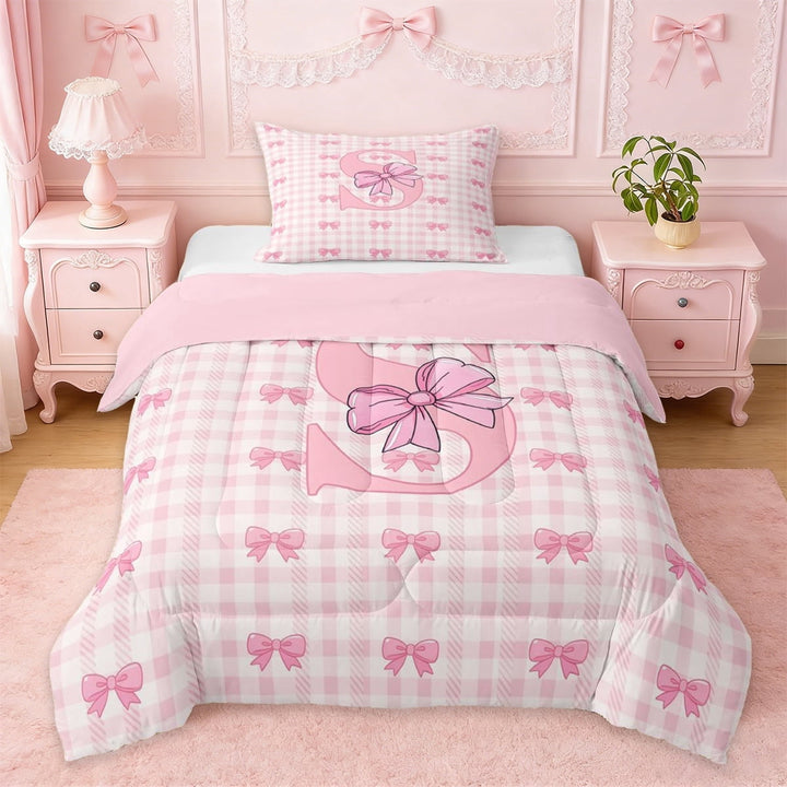 Erosebridal Pink Classic Checkered Twin Comforter Sets For Kids,3D Cartoon Letter S Initial Print Bedding Set,Pink Reversible,2pcs