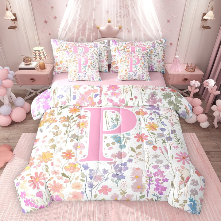 Erosebridal Girls Pink Flower Twin Bedding Sets, Garden Floral Bedding Comforter Set, Letter P, Pink Reversible, 7 Pieces