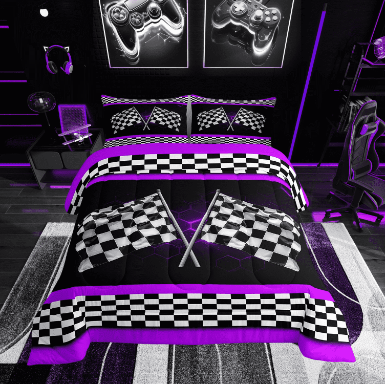 Erosebridal Racing Flag Bedding Twin Comforter Set, Checkered Down Comforter, Neon Geometry Decor, Reversible 2-Piece
