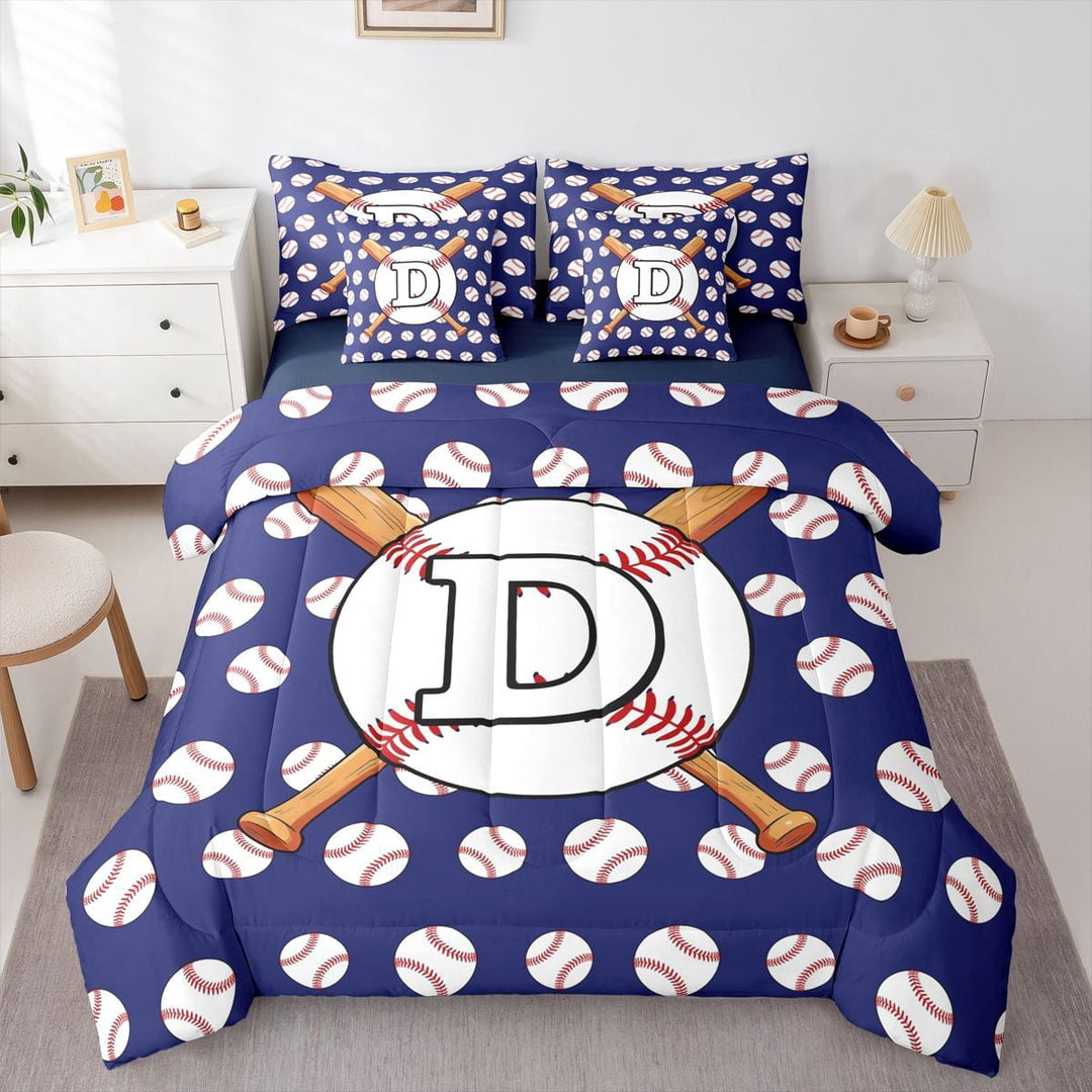 Erosebridal Baseball Gamer D Personalized Initial Twin Bedding Sets 7-Piece for Boys Girls,Sport Theme Bedding Comforter Set for Teens,Navy Blue Reversible,Microfiber Bedroom Decor