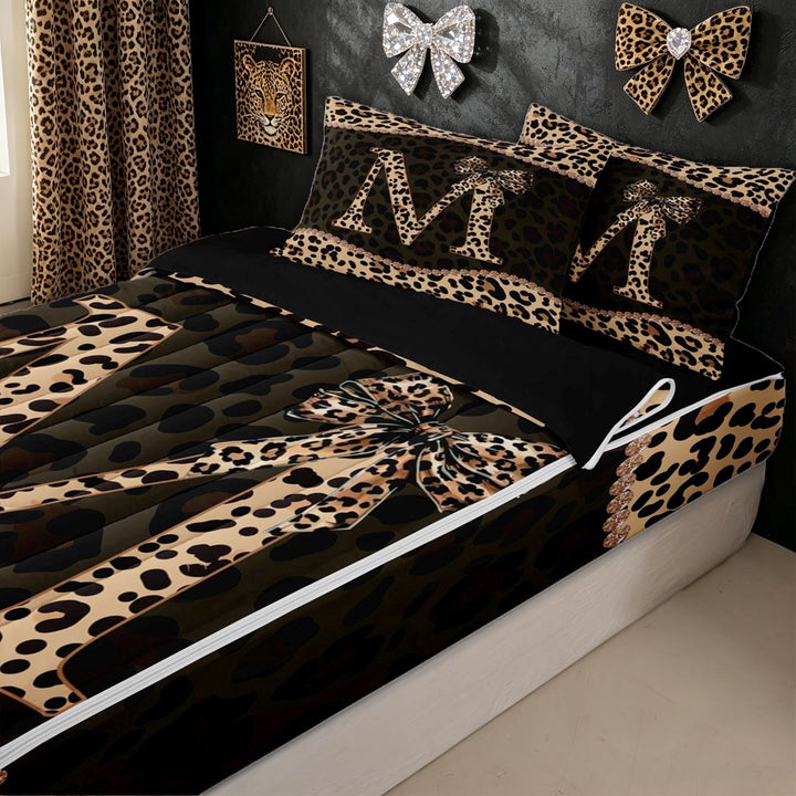 meiyoeat Leopard Print Monogrammed M Zipper Full Size Comforter Sets with Fitted Sheet and 2 Pillowcases for Kids Girls, Brown Black Bow Diamond Zipper Bedding Set, Black Reversible, 4-Piece