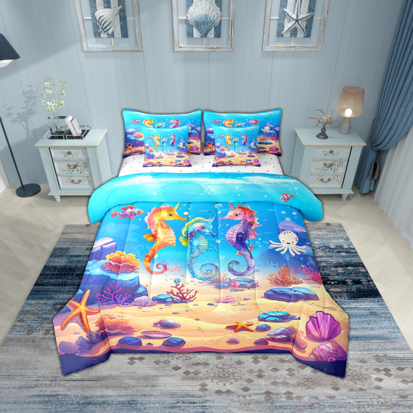 Erosebridal Marine Seahorse Bedding Sets Twin Size,Ocean Animal Comforter Sets with Sheets,Teenager Bedroom Decor,Reversible,Breathable,7pcs