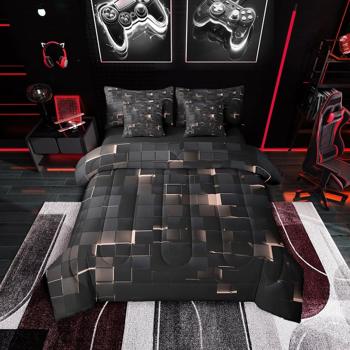 Light Pink Black King Bedding Set,Abstract Geometric Comforter Set 7 Piece Neon Plaid Checkered Bed in a bag For Teen Women Stereoscopic Square Grids Bed Set