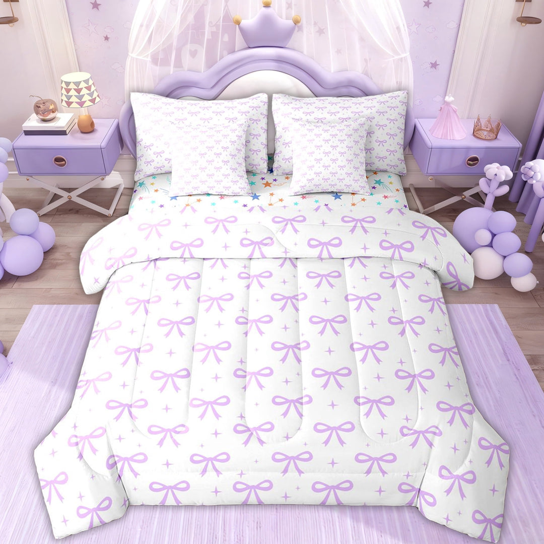 Erosebridal Purple Cartoon Bow for Girl Twin Bedding Sets, Princess Style Bedding Comforter Set, 7-Piece