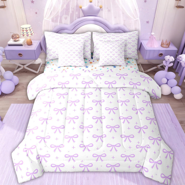 Erosebridal Purple Cartoon Bow for Girl Twin Bedding Sets, Princess Style Bedding Comforter Set, 7-Piece