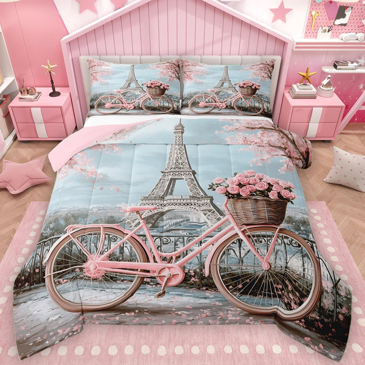 Manfei Paris Eiffel Tower Full Size Comforter Sets for Girl, Pink Romantic Bike Bedding Comforter Set, Blossoms Flower Floral Reversible Bedding Sets, Luxury Bedroom Decor, 3pcs