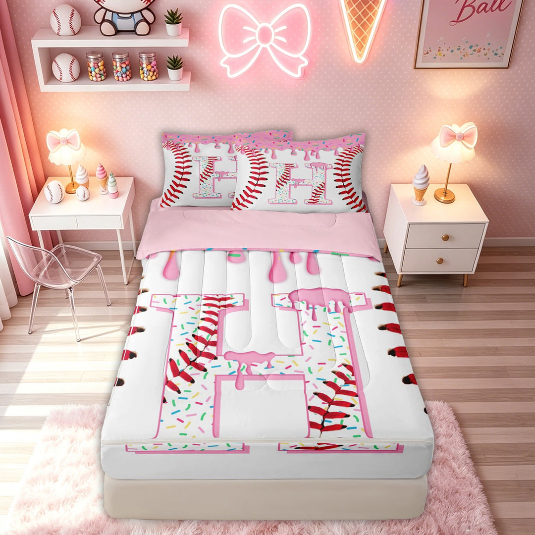 meiyoeat Cute Sprinkle Baseball Zipper Twin Comforter Sets with Fitted Sheet and 2 Pillowcases for Boys Girls Kids, Ice Cream Monogram H Zipper Bedding Set, Pink Red, Pink Reversible, 4-Piece