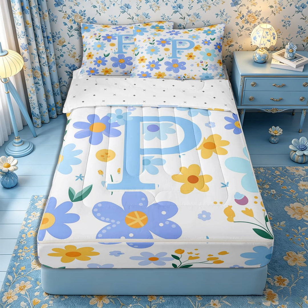 Meiyoeat Cute Daisy Letter P Zipper Full Size Comforter Sets with Fitted Sheet and 2 Pillowcases for Girls Toddlers, Floral Initial Zipper Bedding Set for Daily, Light Blue Yellow White,4pcs