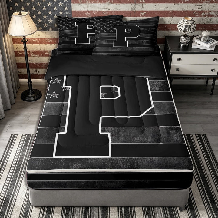Meiyoeat Grunge US Flag Letter P Zipper Twin Comforter Sets with Fitted Sheet and 2 Pillowcases for Men Adults, Classic Alphabet Zipper Bedding Set for Daily,4-Piece,Black Reversible
