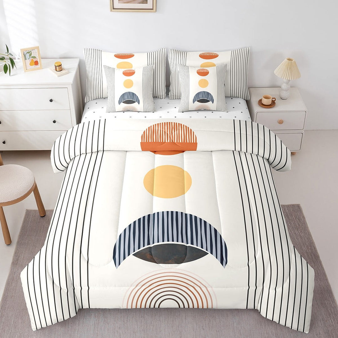 Erosebridal Modern Moon Print Bed in a Bag 7pcs Mid Century Bedding Set, Abstract Art King Size Comforter Set Geometric Stripe Bedding Comforter Sets, Aesthetic Bed Set