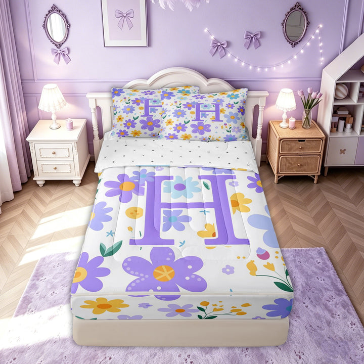 meiyoeat Garden Bloom Groovy Flower Zipper Full Size Comforter Sets with Fitted Sheet and 2 Pillowcases for Women Girls, Purple Initial H Letter Zipper Bedding Set, Reversible, 4pcs