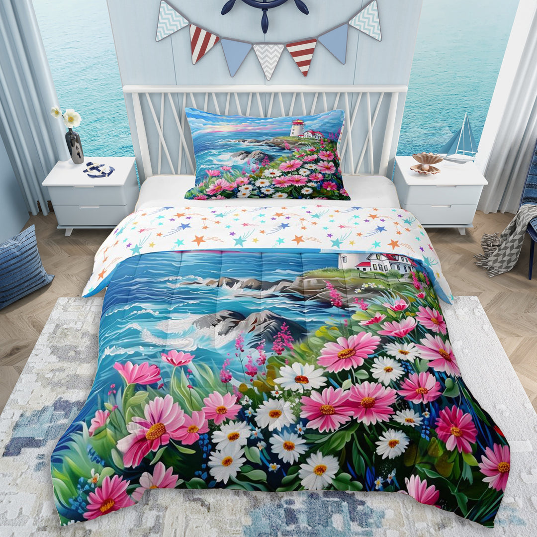Erosebridal Coastal Lighthouse Twin Comforter Sets 3-Piece For Boys Girls,Teens Ocean Beach Floral Daisy Bedding Set,Breathable Home Decor
