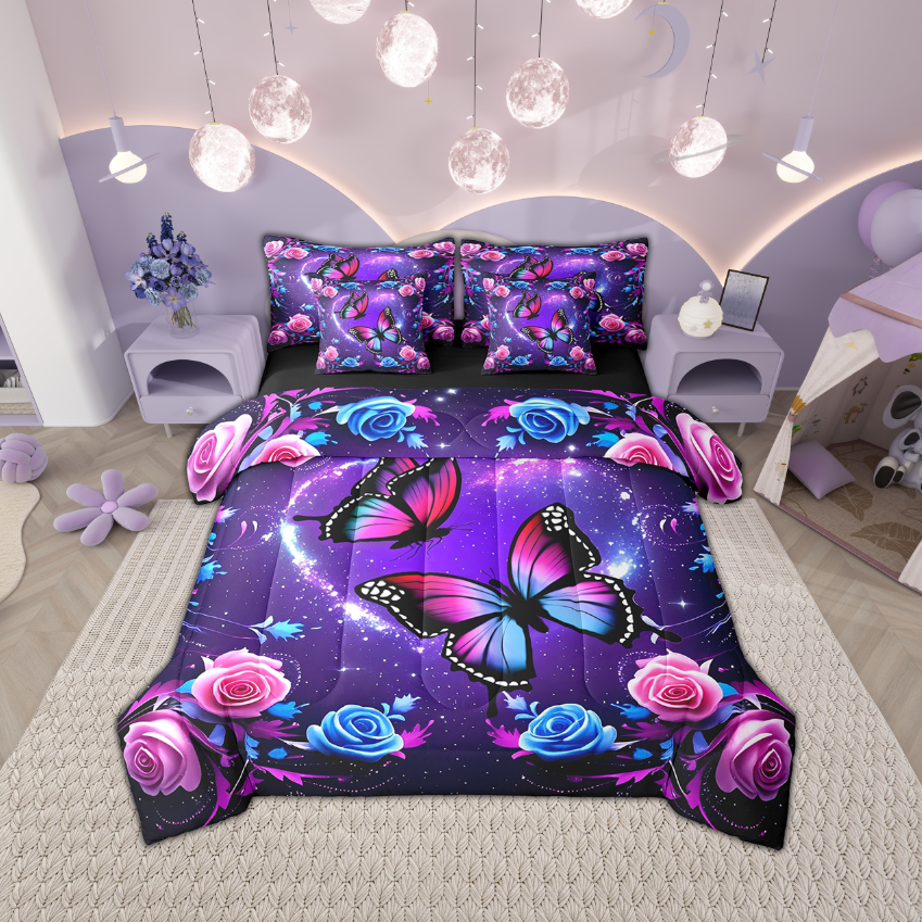 Manfei Pink Blue Butterfly 7pcs Bedding Full Size, Gradient Rose Blossoms Comforter Sets with Sheets, Purple Galaxy Bed Set, Breathable Room Decoration