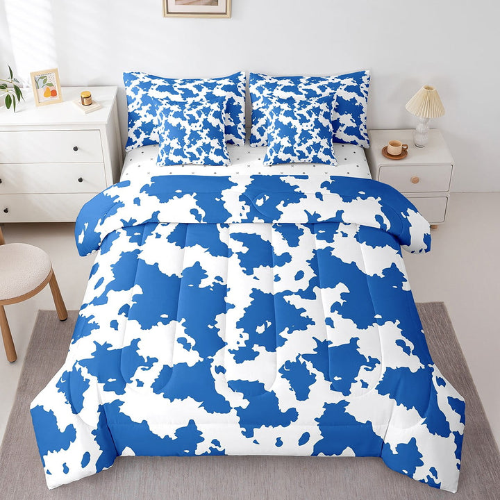 Dark Blue Cowhide Full Comforter Set - 7 Pieces Bed in a Bag Set,Bull Cattle Cow Print Bedding Sets Full with Farmhouse Western Animals Hide Quilted Comforter,Flat Sheet,Fitted Sheet,Pillowcases