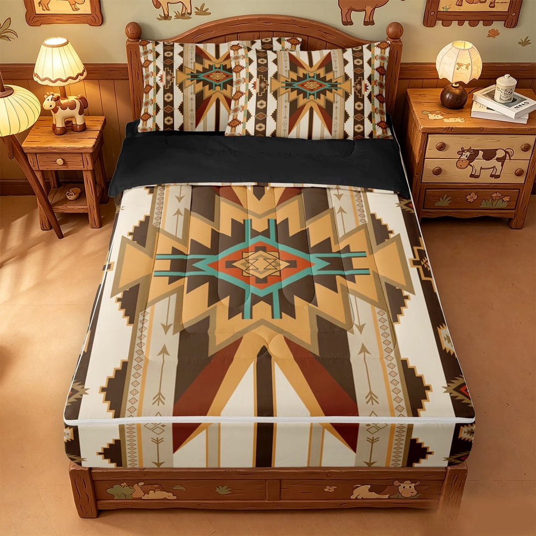 meiyoeat Bohemian Tribal Zipper Full Size Comforter Sets with Fitted Sheet and 2 Pillowcases,Nvintage Aztec Geometric Print Zipper Bedding Set For Boys,Black Reversible,4-Piece
