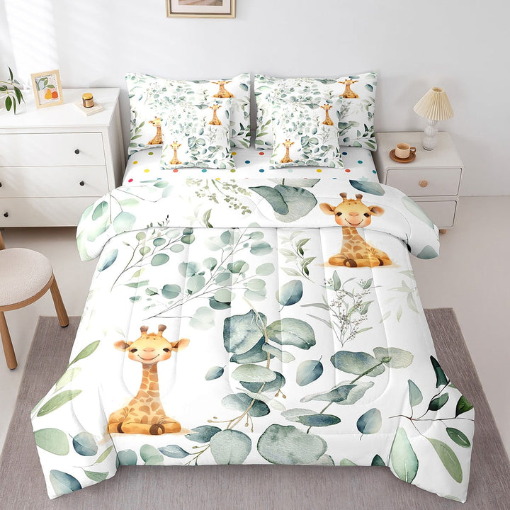 7-Piece Cute Animal Bedding Twin Cartoon Giraffe Comforter Set, Eucalyptus Bedding Comforter Sets Watercolor Leaves Bed in a Bag, Kawaii Woodland Animal Bedding Accessories