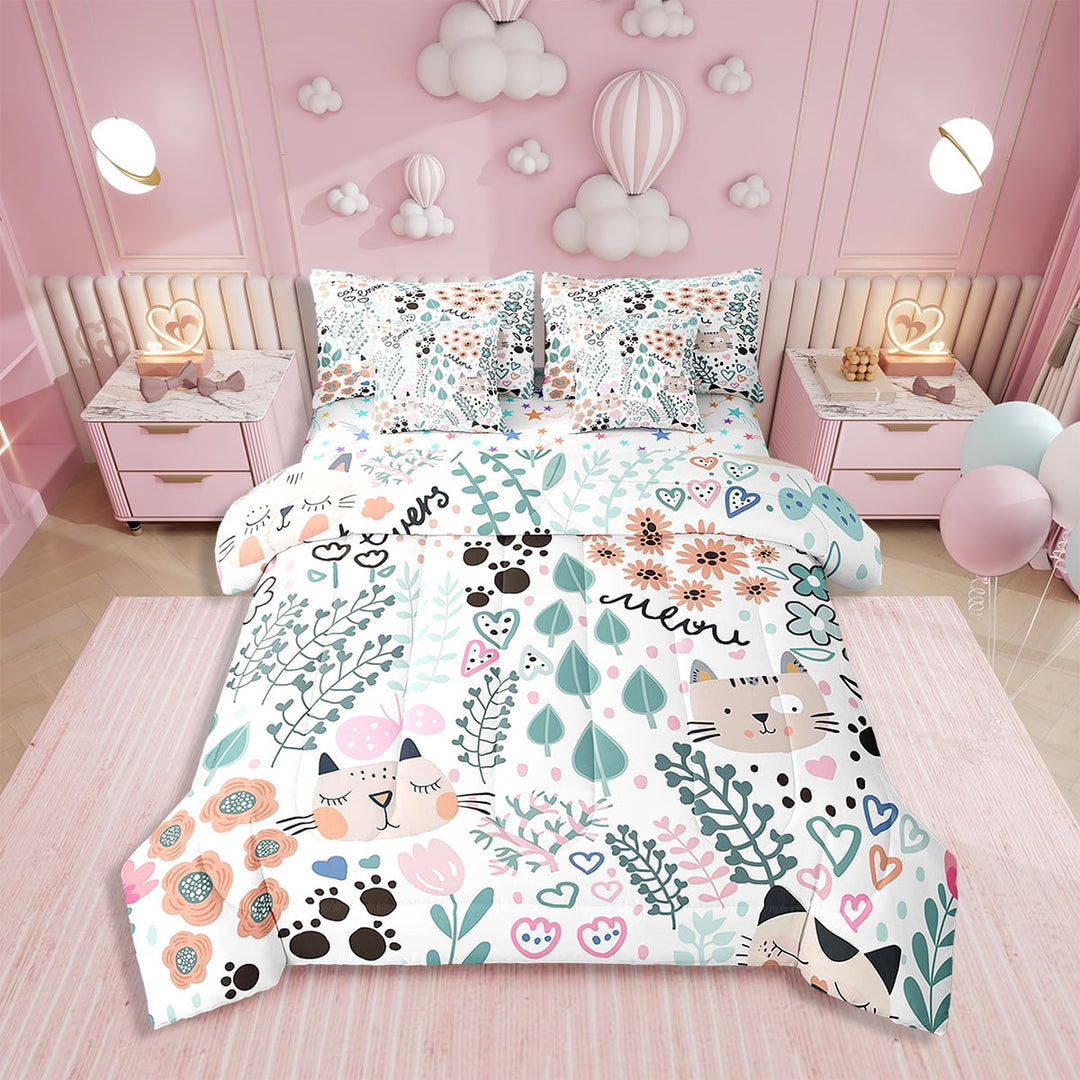 Erosebridal Cat Comforter Set With Sheets7 piece Twin Size Cats Flower Bed in a Bagative Botanical Flowers Kitten Bedding Set Blue Pink Orange Bed Set with Comforter,Sheets