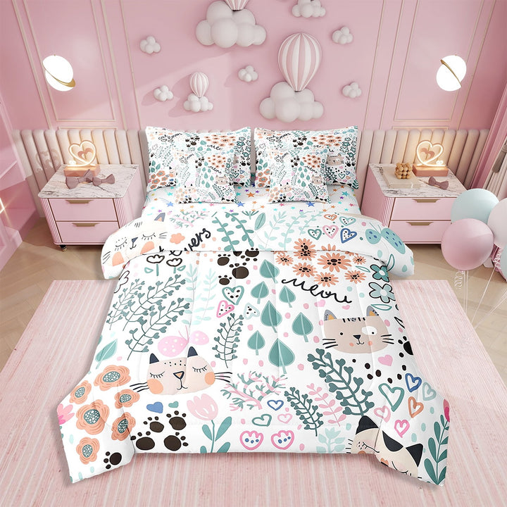 Erosebridal Cat Comforter Set With Sheets7 piece Twin Size Cats Flower Bed in a Bagative Botanical Flowers Kitten Bedding Set Blue Pink Orange Bed Set with Comforter,Sheets