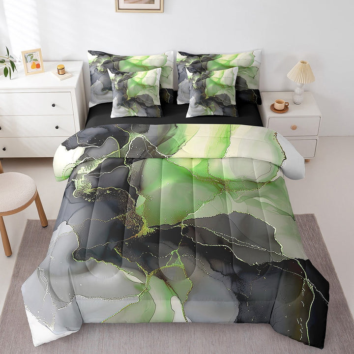 7 Pieces Black and Green Bedding Comforter Sets Aesthetic Marble Bed in a Bag Women, Foil Print Queen Bedding Sets Mountain Fluid Comforter Set, Marbling Bedding Sets &amp; Collections
