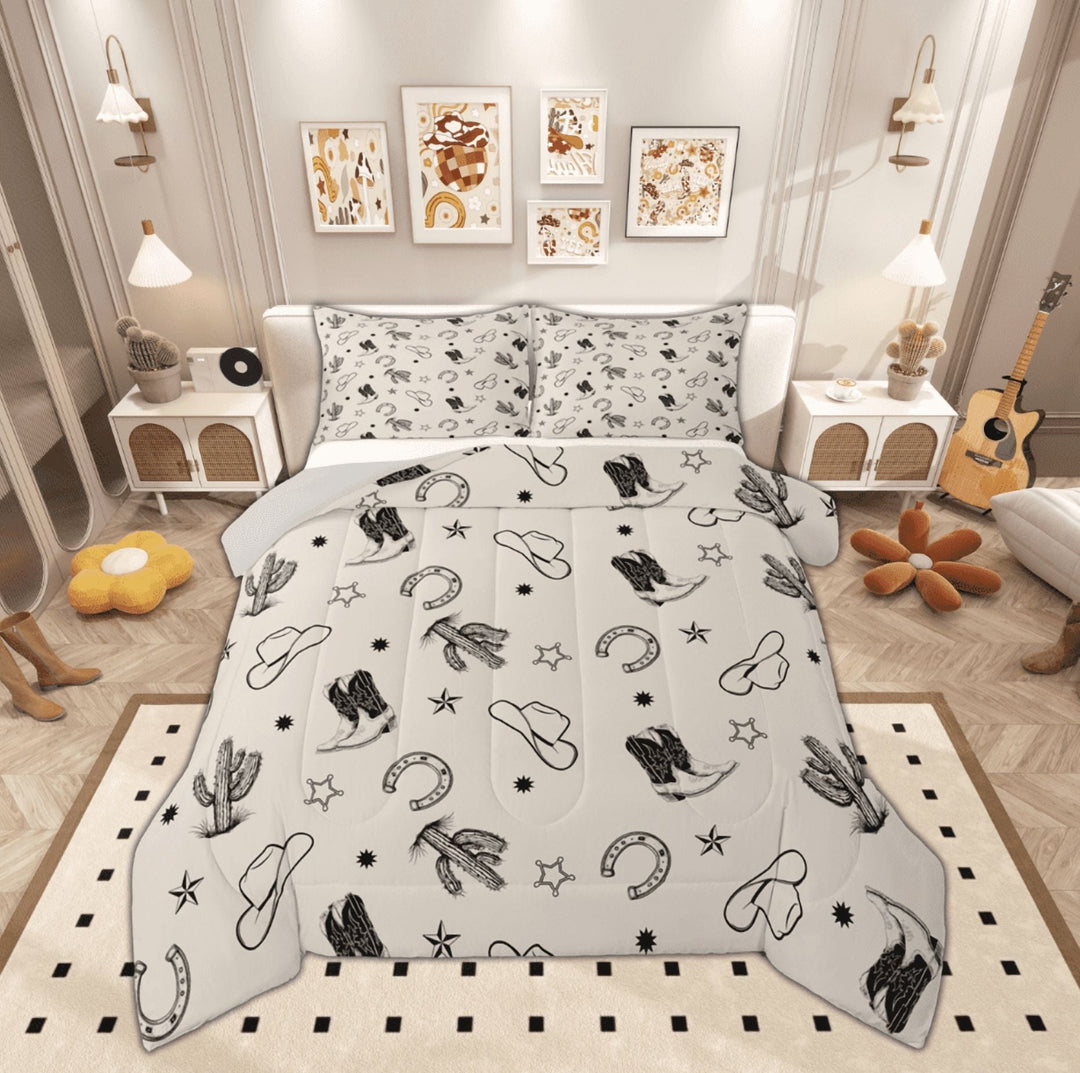 Manfei Western Horse Shoes Queen Comforter Set for Kids, Cowgirl Cowboy Bedding Sets, Cartoon Cactus Reversible Bedding Comforter Set, Super Cozy Room Decor, 3 Pieces