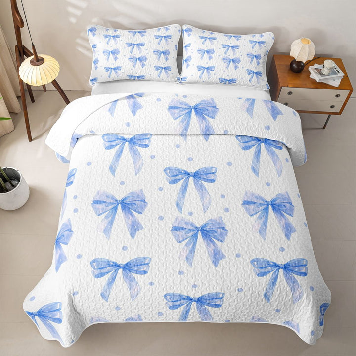 Manfei Light Blue Watercolor Bow Twin Quilt Set For Girls,Coquette Bowknot Polka Dot Kids Twin Coverlet Set,2 Pieces