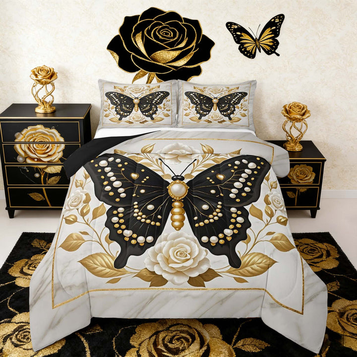 Manfei Pearl Print Butterfly Comforter Sets Full Size, Chic White Floral Comforters &amp; Duvets, Watercolor Marble Bedding Full Comforter Set, Microfiber Bedroom Decoration, 3-Piece Reversible