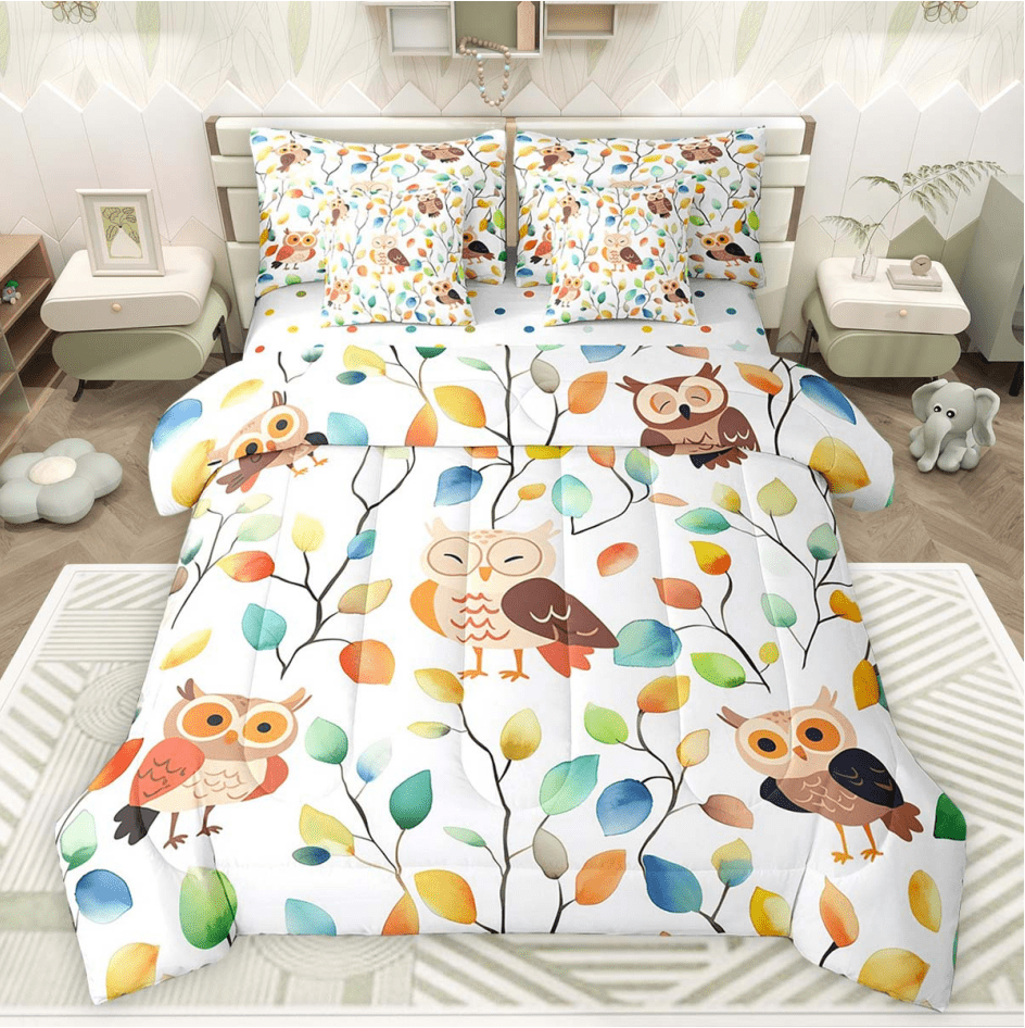 Funny Owl Bedding Twin Size 7 Pieces Watercolor Floral Comforter Set, Botanical Plants Bedding Comforter Sets Cartoon Animal Bed in a Bag, Tropical Leaves Bedding Accessories