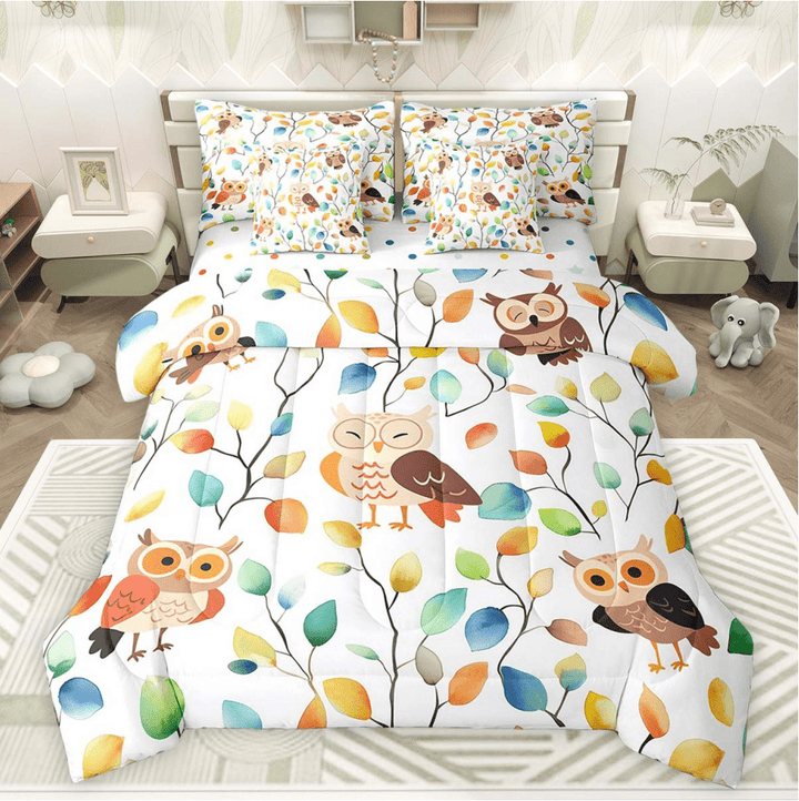 Funny Owl Bedding Twin Size 7 Pieces Watercolor Floral Comforter Set, Botanical Plants Bedding Comforter Sets Cartoon Animal Bed in a Bag, Tropical Leaves Bedding Accessories