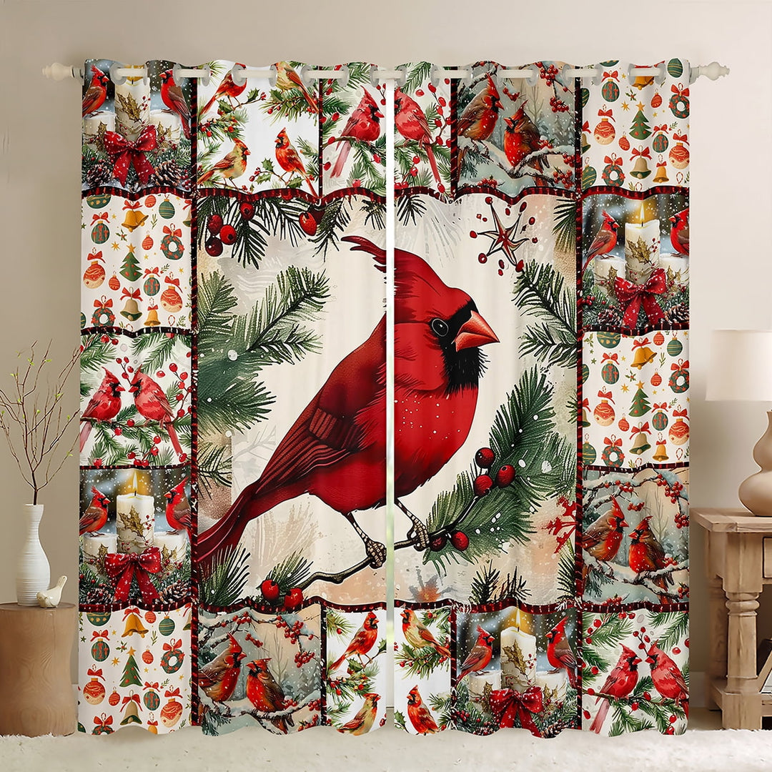 Manfei Vinatge Cardinal Bird Black Out Curtains,Merry Xtmas Curtains Pack of 2 (42x63 Each),Red Christmas Berry Bedroom Curtains For Girl Teens,Breathable Home Decor