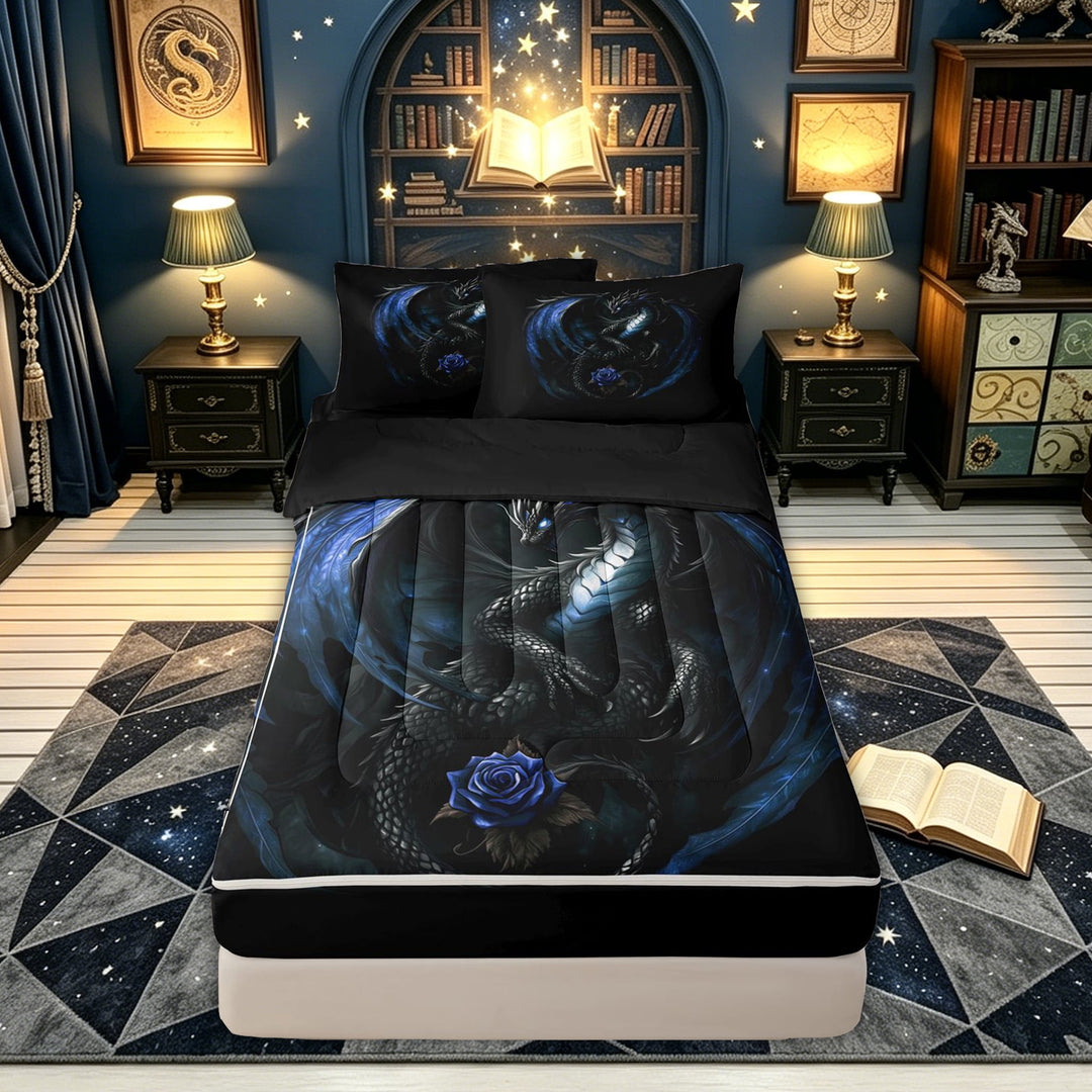 meiyoeat Blue Rose Dragon Zipper Comforter Set with Fitted Sheet and 2 Pillowcases for Men Boys, Starry Sky Animal Zipper Bedding Set, Black Blue, Black Reversible, 3-Piece