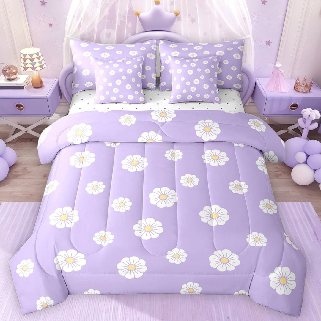 Erosebridal Chic Daisy Flower Twin Bedding Sets for Girls, Purple Bedding Comforter Set, Reversible, 7 Pieces