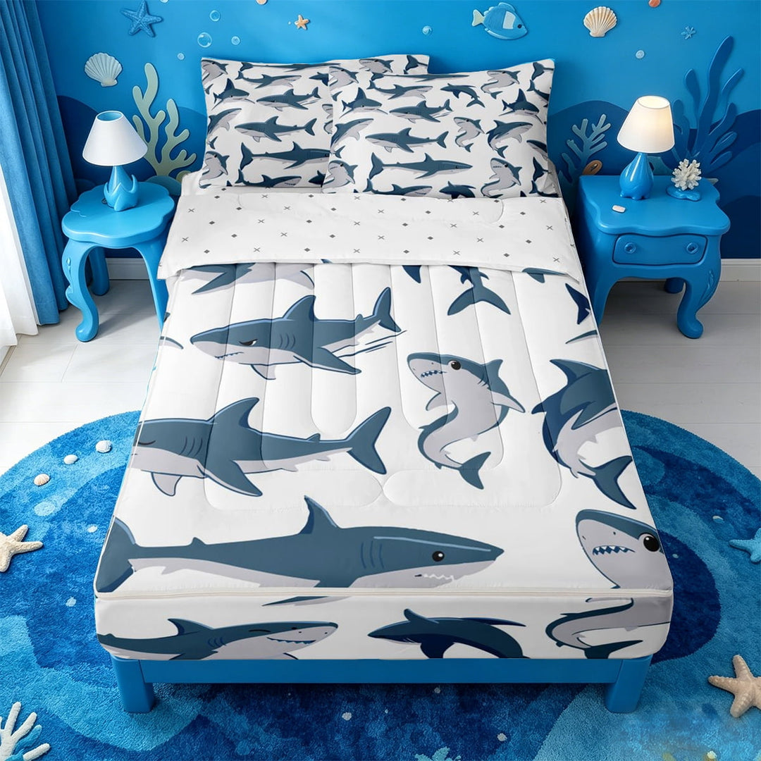 meiyoeat Cute Ocean Shark Zipper Full Size Comforter Sets with Fitted Sheet and 2 Pillowcases For Boys,Marine Animal Zipper Bedding Set For Kids,Reversible,4 Pieces