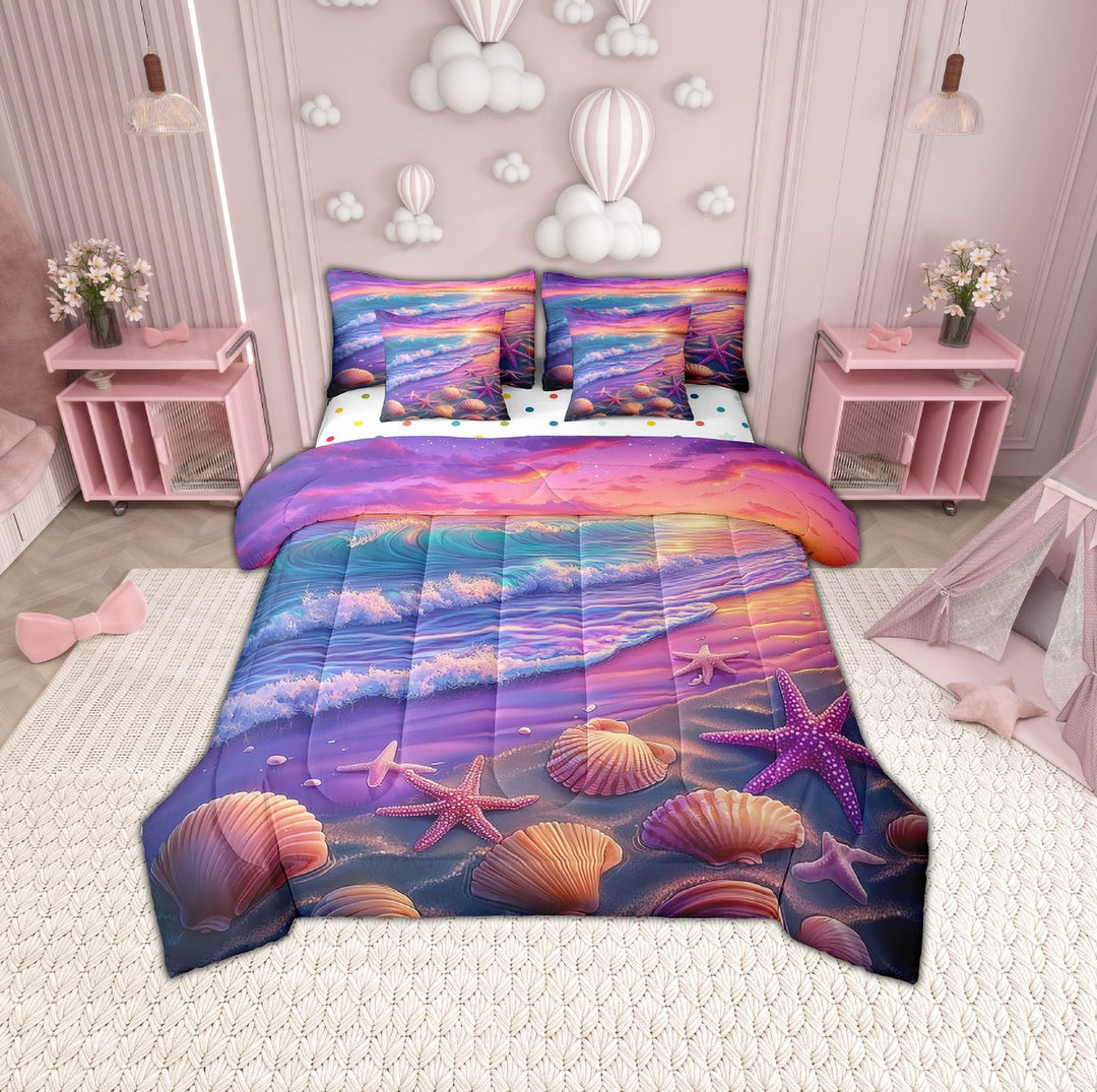 Erosebridal Romantic Beach Bed in a Bag Twin size, Starfish Seashell Bed Set, Couple Lover, Reversible 7-Piece