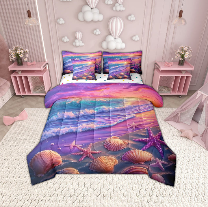Erosebridal Romantic Beach Bed in a Bag Twin size, Starfish Seashell Bed Set, Couple Lover, Reversible 7-Piece
